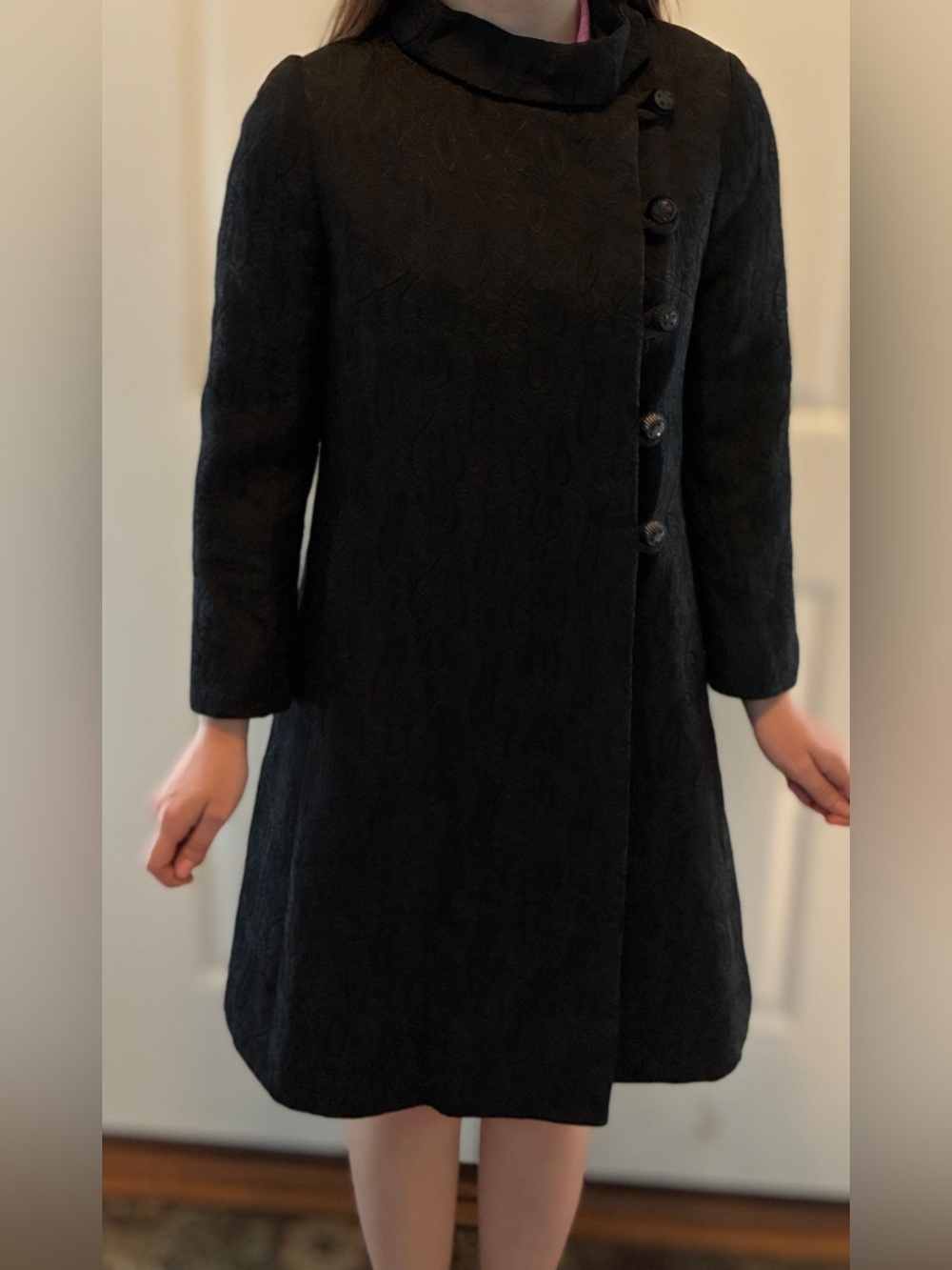 Vintage 1960s Tailor-Made Black Paisley Jacquard Princess Coat Modern Small